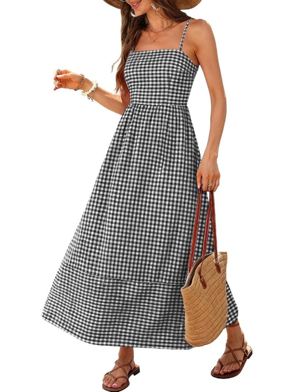 〽️Gingham Black White Summer Maxi Dress Smocked Back Square Neck Pockets